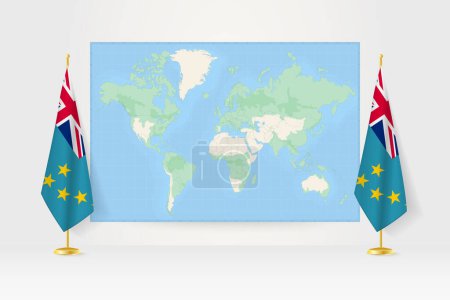 Illustration for World Map between two hanging flags of Tuvalu flag stand. - Royalty Free Image