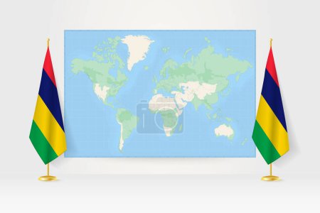 Ilustración de Mapa del mundo entre dos banderas colgantes de Mauricio. - Imagen libre de derechos