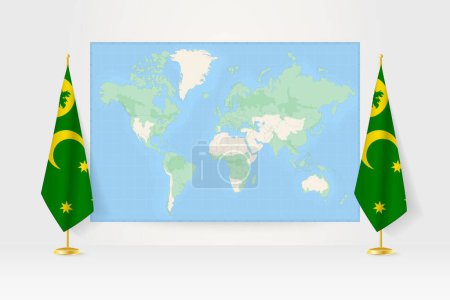 Ilustración de Mapa del mundo entre dos banderas colgantes del puesto de bandera de las Islas Cocos. - Imagen libre de derechos