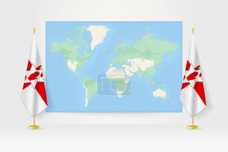 Illustration for World Map between two hanging flags of Northern Ireland flag stand. - Royalty Free Image