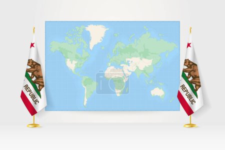 Téléchargez les illustrations : Carte du monde entre deux drapeaux suspendus de drapeau de Californie stand. - en licence libre de droit