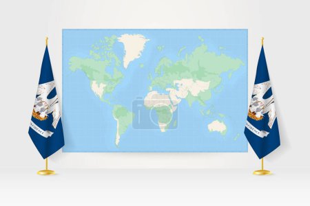 Téléchargez les illustrations : Carte du monde entre deux drapeaux suspendus de la Louisiane. - en licence libre de droit