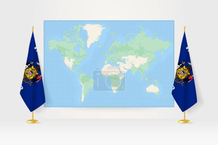 Ilustración de Mapa del mundo entre dos banderas colgantes del puesto de bandera de Wisconsin. - Imagen libre de derechos