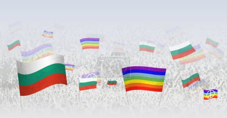Illustration for People waving Peace flags and flags of Bulgaria. Illustration of throng celebrating or protesting with flag of Bulgaria and the peace flag. - Royalty Free Image