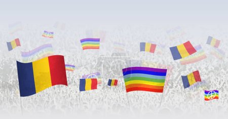 Illustration for People waving Peace flags and flags of Romania. Illustration of throng celebrating or protesting with flag of Romania and the peace flag. - Royalty Free Image
