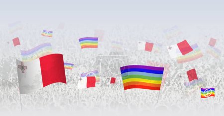 Téléchargez les illustrations : Les gens agitant des drapeaux de paix et des drapeaux de Malte. Illustration de la foule célébrant ou protestant avec le drapeau de Malte et le drapeau de la paix. - en licence libre de droit