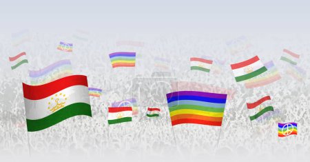 Téléchargez les illustrations : Les gens agitant des drapeaux de paix et des drapeaux du Tadjikistan. Illustration de la foule célébrant ou protestant avec le drapeau du Tadjikistan et le drapeau de la paix. - en licence libre de droit