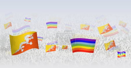 Illustration for People waving Peace flags and flags of Bhutan. Illustration of throng celebrating or protesting with flag of Bhutan and the peace flag. - Royalty Free Image
