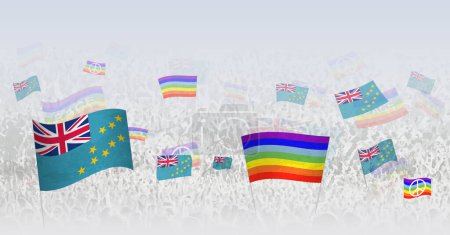 Illustration for People waving Peace flags and flags of Tuvalu. Illustration of throng celebrating or protesting with flag of Tuvalu and the peace flag. - Royalty Free Image