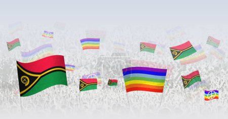 Illustration for People waving Peace flags and flags of Vanuatu. Illustration of throng celebrating or protesting with flag of Vanuatu and the peace flag. - Royalty Free Image