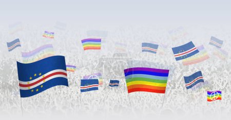 Ilustración de Gente ondeando banderas de Paz y banderas de Cabo Verde. Ilustración de multitudes celebrando o protestando con la bandera de Cabo Verde y la bandera de la paz. - Imagen libre de derechos