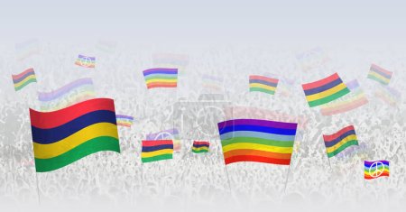 Ilustración de Gente ondeando banderas de paz y banderas de Mauricio. Ilustración de multitudes celebrando o protestando con la bandera de Mauricio y la bandera de la paz. - Imagen libre de derechos