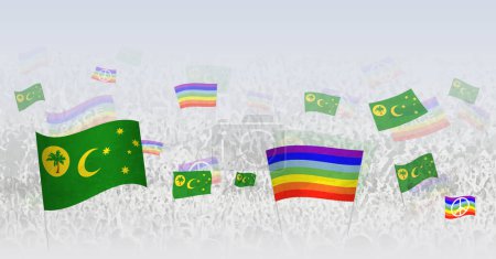 Ilustración de Gente ondeando banderas de Paz y banderas de las Islas Cocos. Ilustración de multitudes celebrando o protestando con la bandera de las Islas Cocos y la bandera de la paz. - Imagen libre de derechos