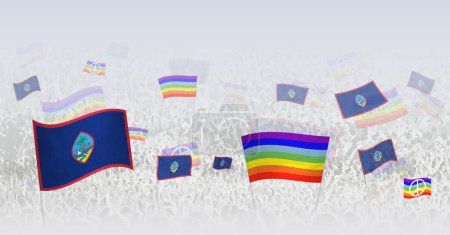 Téléchargez les illustrations : Les gens agitant des drapeaux de paix et des drapeaux de Guam. Illustration de la foule célébrant ou protestant avec le drapeau de Guam et le drapeau de la paix. - en licence libre de droit