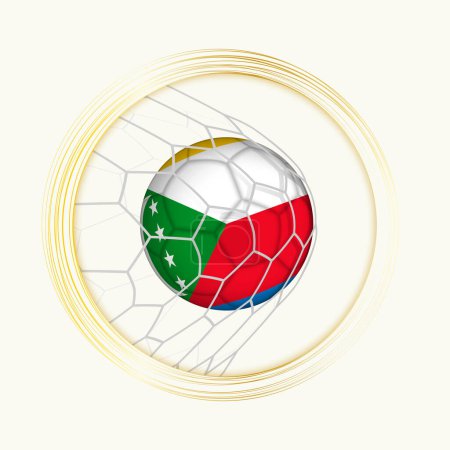 Comoras anotando gol, símbolo abstracto de fútbol con ilustración de pelota Comoras en red de fútbol.