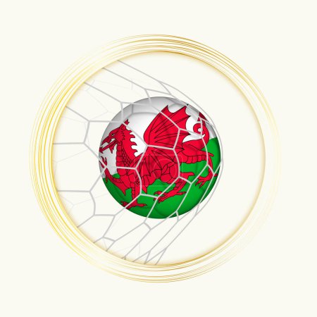 Gales anotando gol, símbolo abstracto del fútbol con ilustración del balón de Gales en la red de fútbol.