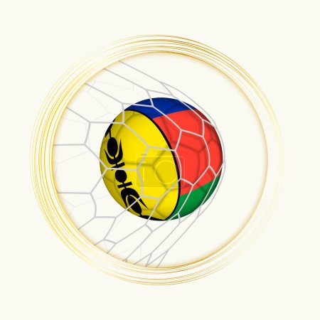 Ilustración de Nueva Caledonia anotando gol, símbolo abstracto del fútbol con ilustración de la pelota de Nueva Caledonia en la red de fútbol. - Imagen libre de derechos