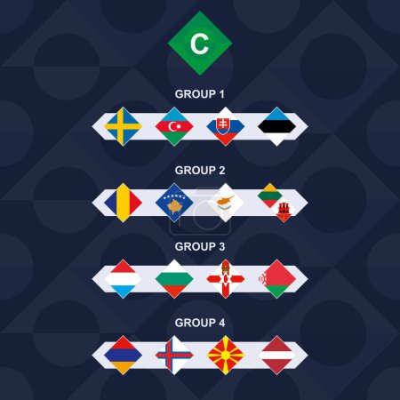 Illustration for League C Flags of the European Football Competition. National Teams Flags sorted by group. - Royalty Free Image