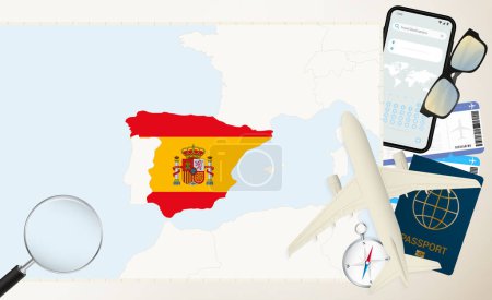 Ilustración de Mapa y bandera de España, avión de carga en el mapa detallado de España con bandera. - Imagen libre de derechos