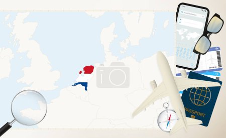 Téléchargez les illustrations : Pays-Bas carte et drapeau, avion de charge sur la carte détaillée de Pays-Bas avec le drapeau. - en licence libre de droit