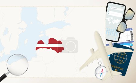 Illustration for Latvia map and flag, cargo plane on the detailed map of Latvia with flag. - Royalty Free Image