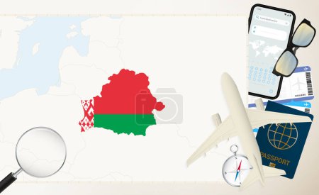 Belarus map and flag, cargo plane on the detailed map of Belarus with flag.