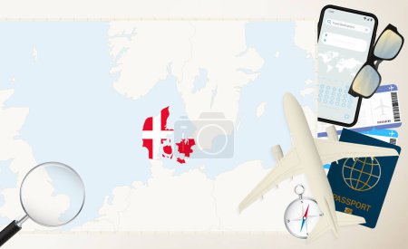 Téléchargez les illustrations : Danemark carte et drapeau, avion de charge sur la carte détaillée de Danemark avec drapeau. - en licence libre de droit