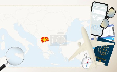 North Macedonia map and flag, cargo plane on the detailed map of North Macedonia with flag.