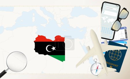 Libya map and flag, cargo plane on the detailed map of Libya with flag.
