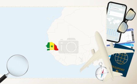 Téléchargez les illustrations : Sénégal carte et drapeau, avion cargo sur la carte détaillée de Sénégal avec drapeau. - en licence libre de droit