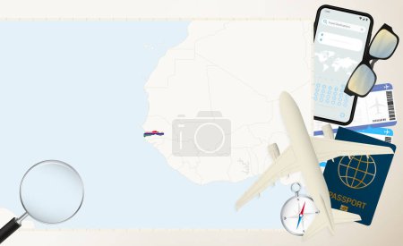 Gambia map and flag, cargo plane on the detailed map of Gambia with flag.