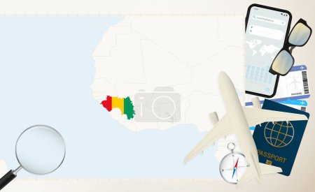 Guinea map and flag, cargo plane on the detailed map of Guinea with flag.