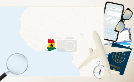 Ghana mapa y bandera, avión de carga en el mapa detallado de Ghana con bandera.