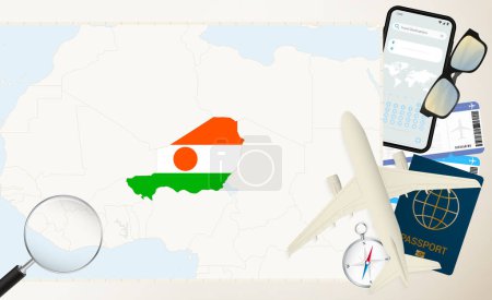 Nigerkarte und Flagge, Frachtflugzeug auf der Detailkarte von Niger mit Flagge.