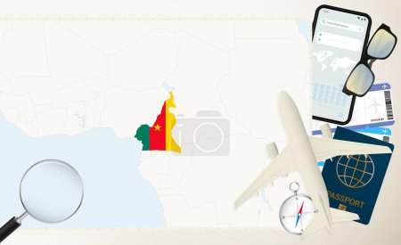 Ilustración de Mapa y bandera de Camerún, avión de carga en el mapa detallado de Camerún con bandera. - Imagen libre de derechos