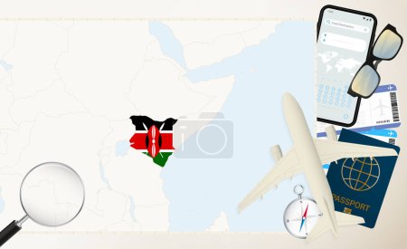 Kenya map and flag, cargo plane on the detailed map of Kenya with flag.