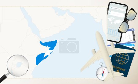 Somalia Karte und Flagge, Frachtflugzeug auf der detaillierten Karte von Somalia mit Flagge.