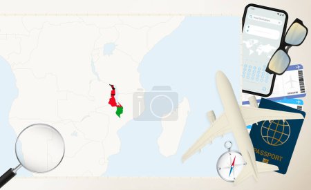 Malawi Karte und Flagge, Frachtflugzeug auf der detaillierten Karte von Malawi mit Flagge.