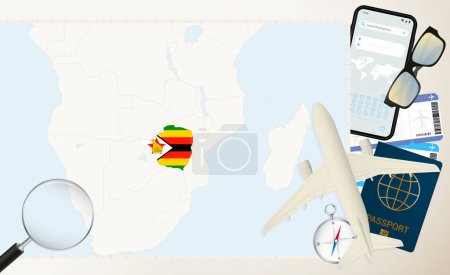 Zimbabue mapa y bandera, avión de carga en el mapa detallado de Zimbabue con bandera.