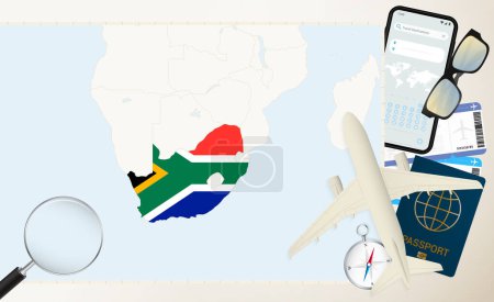South Africa map and flag, cargo plane on the detailed map of South Africa with flag.