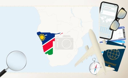 Namibia Karte und Flagge, Frachtflugzeug auf der Detailkarte von Namibia mit Flagge.
