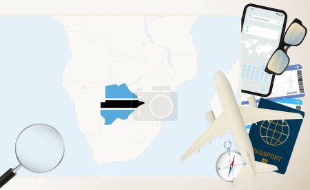 Botswana map and flag, cargo plane on the detailed map of Botswana with flag.