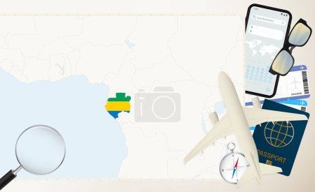 Gabon map and flag, cargo plane on the detailed map of Gabon with flag.