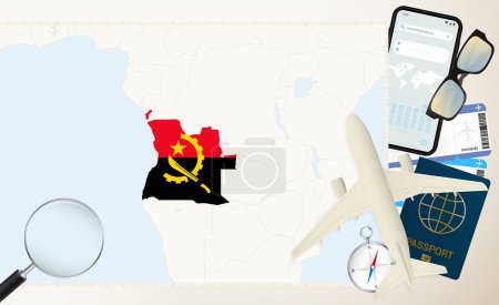 Angola Karte und Flagge, Frachtflugzeug auf der detaillierten Karte von Angola mit Flagge.