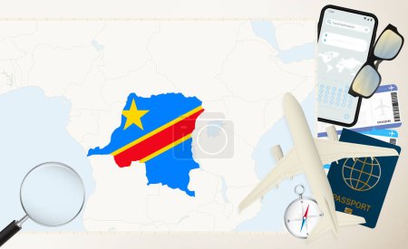 DR Congo map and flag, cargo plane on the detailed map of DR Congo with flag.