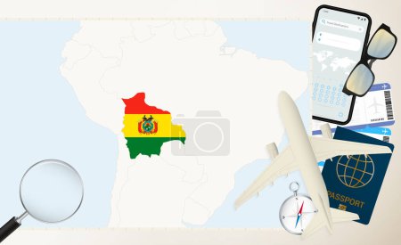 Téléchargez les illustrations : Bolivie carte et drapeau, avion de charge sur la carte détaillée de Bolivie avec drapeau. - en licence libre de droit
