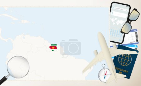 Suriname map and flag, cargo plane on the detailed map of Suriname with flag.