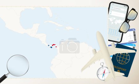 Panama Karte und Flagge, Frachtflugzeug auf der detaillierten Karte von Panama mit Flagge.