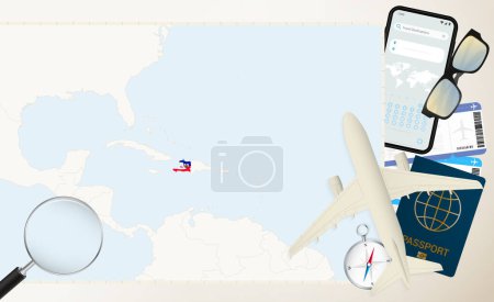Téléchargez les illustrations : Haïti carte et drapeau, avion cargo sur la carte détaillée de Haïti avec drapeau. - en licence libre de droit