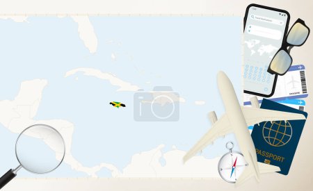 Jamaica map and flag, cargo plane on the detailed map of Jamaica with flag.